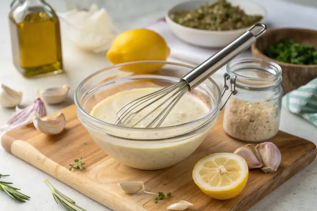 Homemade Caesar pasta salad dressing being whisked in a glass bowl.