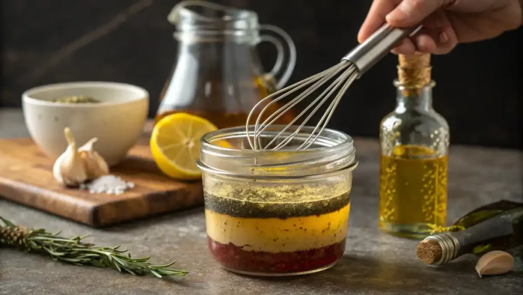 A glass jar filled with the ingredients for a lemon-herb vinaigrette, including olive oil, lemon juice, and Dijon mustard, before being shaken.