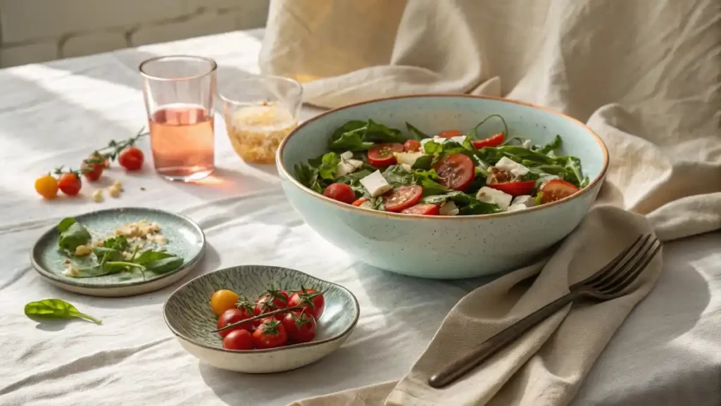 A large ceramic bowl of vibrant spinach pasta salad with cherry tomatoes and feta, with a single serving on a plate nearby.