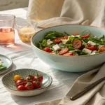 A large ceramic bowl of vibrant spinach pasta salad with cherry tomatoes and feta, with a single serving on a plate nearby.