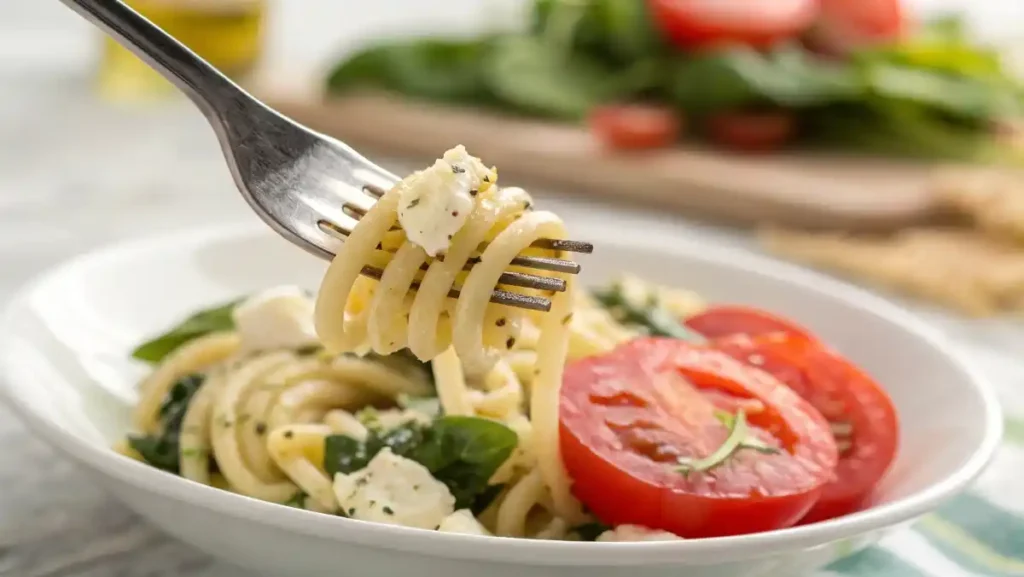 Two wooden salad tongs tossing a colorful spinach pasta salad with tomatoes and feta in a large white mixing bowl.