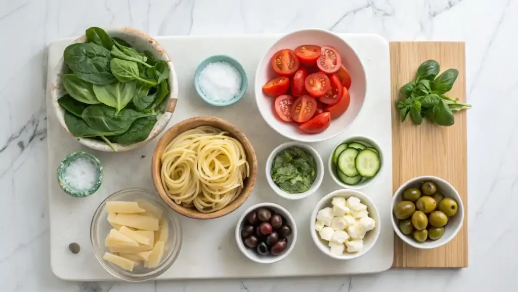 A flat lay of fresh ingredients for spinach pasta salad: rotini pasta, baby spinach, cherry tomatoes, cucumber, red onion, and a lemon on a white background.