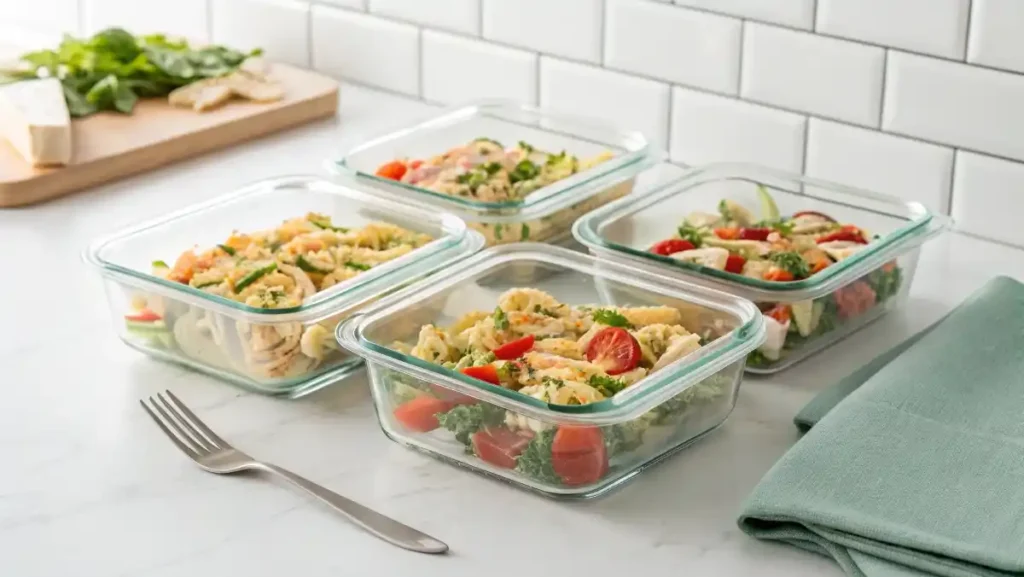 A row of three glass meal prep containers filled with spinach pasta salad, ready for the week.