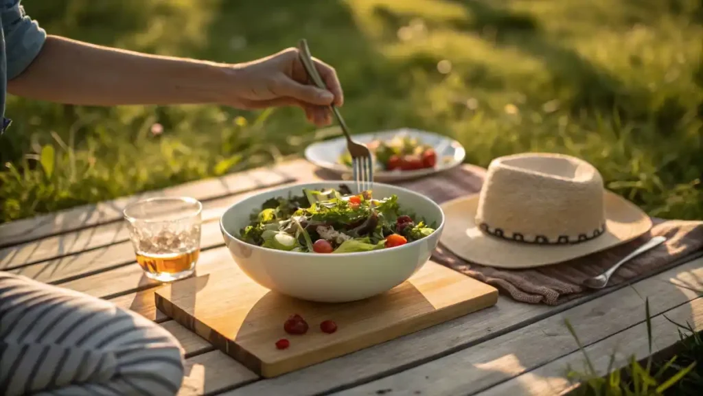 A candid outdoor scene with a bowl of spinach pasta salad on a picnic blanket, with hands reaching in to serve.