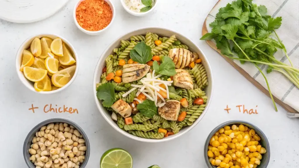 A large bowl of spinach pasta salad surrounded by three small bowls with additions: grilled chicken, roasted corn for an elote style, and shredded carrots for a Thai version.