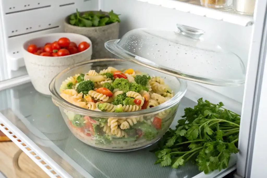 High protein pasta salad chilling in a glass bowl in the refrigerator.