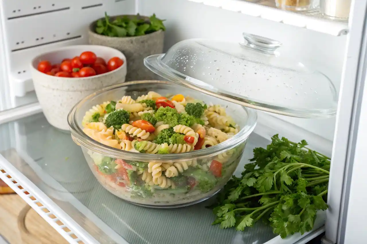 High protein pasta salad chilling in a glass bowl in the refrigerator.