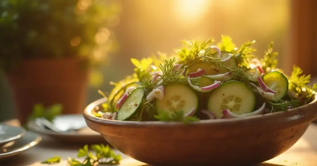 A hand gently plates a cucumber salad from a wooden bowl onto a ceramic dish, with herbs and vinaigrette glistening.