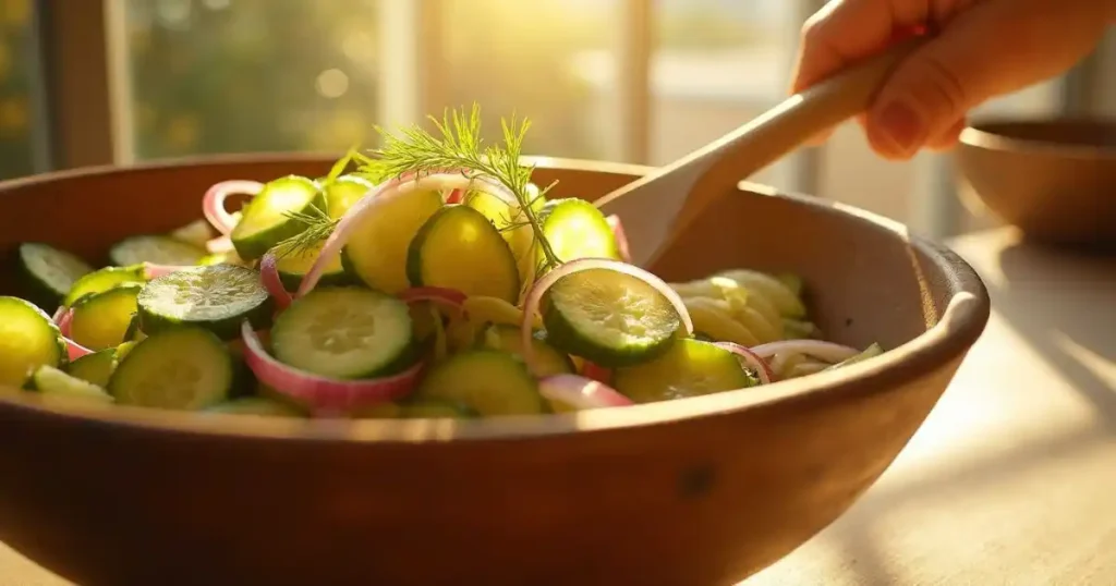 Golden light shines on cucumber salad being poured from a bowl, mid-motion, into a plate, creating a radiant visual climax.