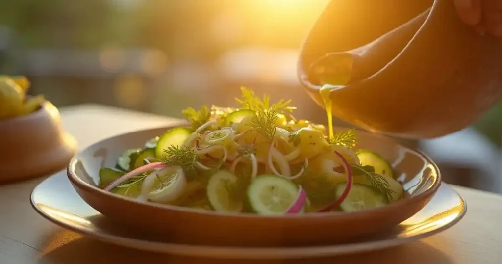 A top-down view of cucumbers and onions being mixed in a wooden bowl with dressing and dill.