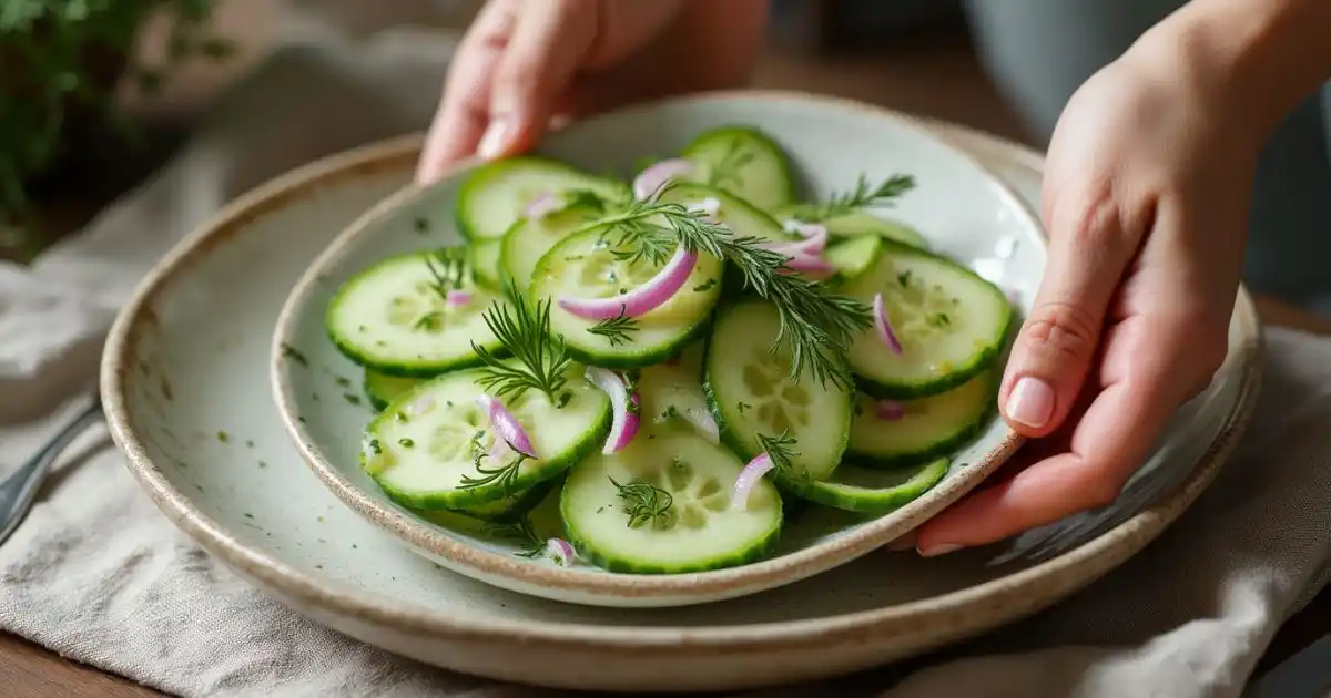A vibrant cucumber salad artfully plated on a ceramic dish, glistening with vinaigrette and garnished with fresh dill.
