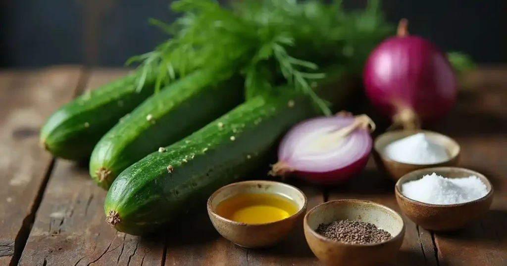 A still life of fresh cucumber salad ingredients arranged on a wooden surface with bowls of oil, vinegar, and herbs.