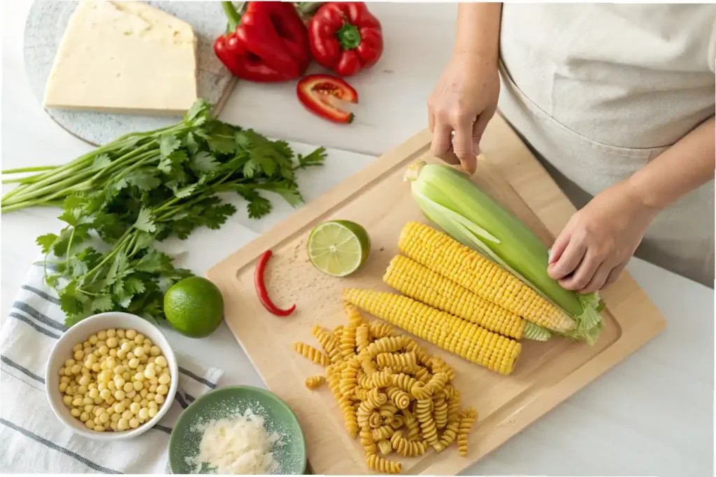 A flat lay of fresh ingredients for elote pasta salad, including corn on the cob, rotini pasta, Cotija cheese, limes, and cilantro on a wooden board.
