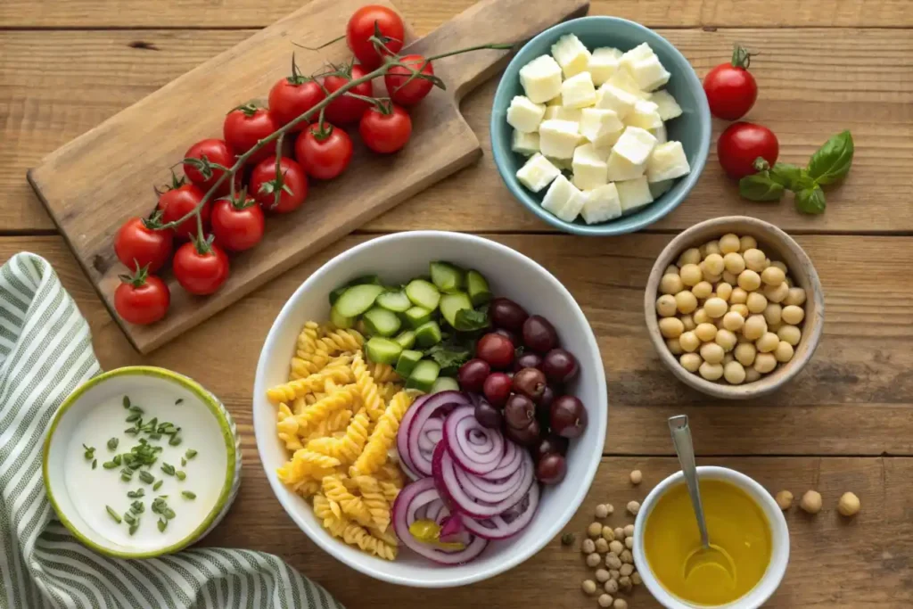Fresh ingredients for high protein pasta salad laid out on a wooden table.
