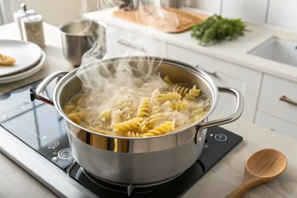 Rotini pasta boiling in a pot for Caesar pasta salad.