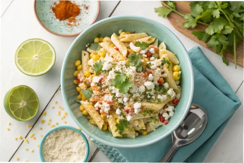 A large light blue ceramic bowl filled with creamy elote pasta salad, garnished with Cotija cheese, fresh cilantro, and paprika.