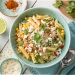 A large light blue ceramic bowl filled with creamy elote pasta salad, garnished with Cotija cheese, fresh cilantro, and paprika.