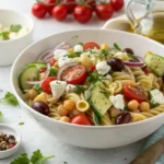 Protein-packed pasta salad with fresh vegetables, Kalamata olives, and feta served in a white bowl.