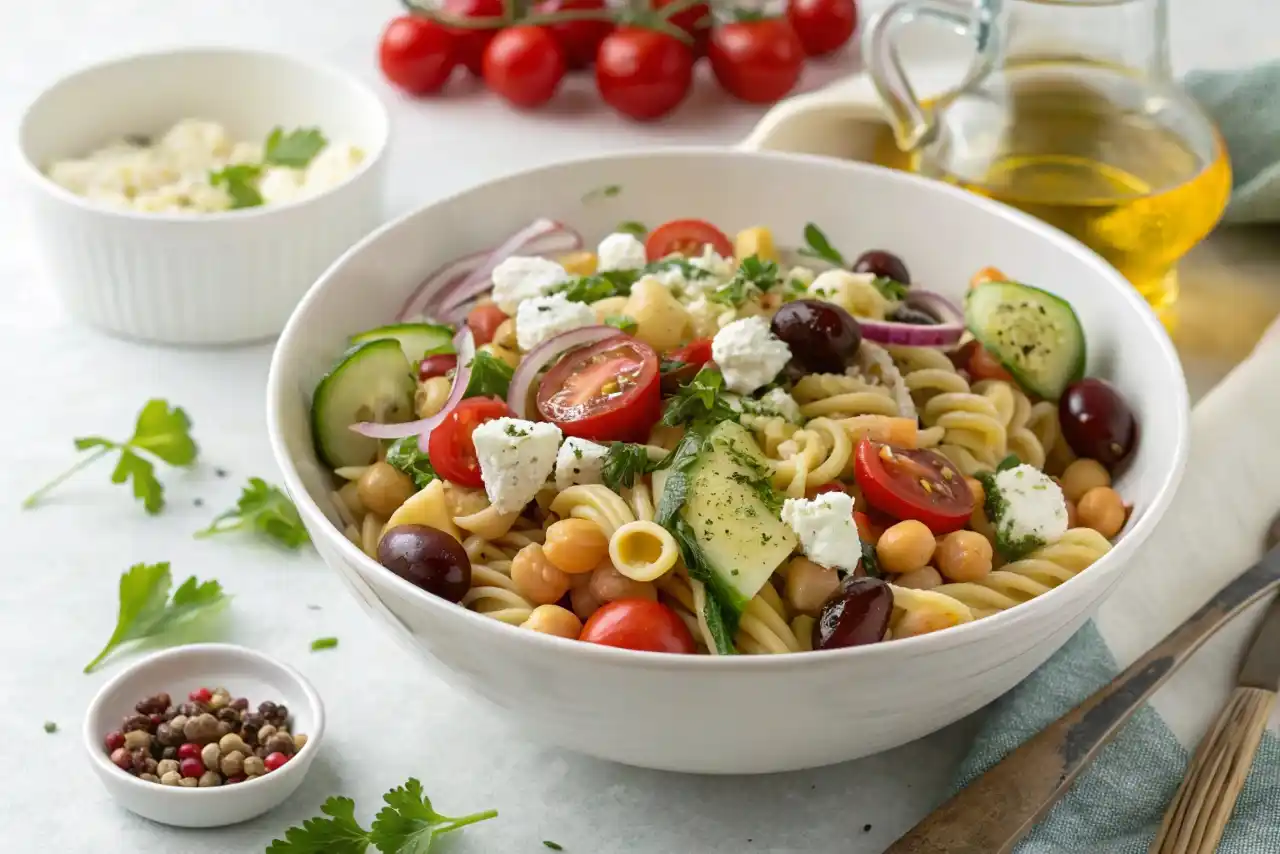 Protein-packed pasta salad with fresh vegetables, Kalamata olives, and feta served in a white bowl.