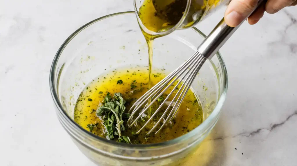 Vinaigrette for cucumber tomato feta salad being whisked with olive oil, vinegar, and oregano.