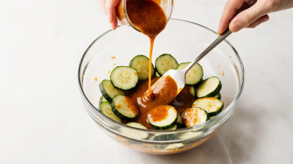 Sliced cucumbers being tossed with spicy dressing for spicy cucumber salad