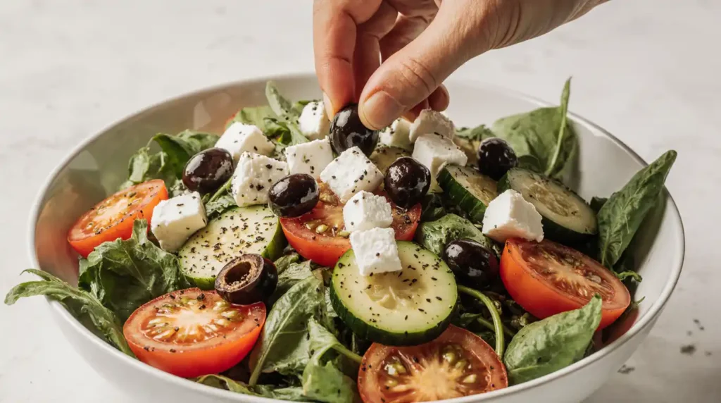 Mediterranean cucumber salad in a large bowl with feta cubes and black olives being added on top of seasoned vegetables.