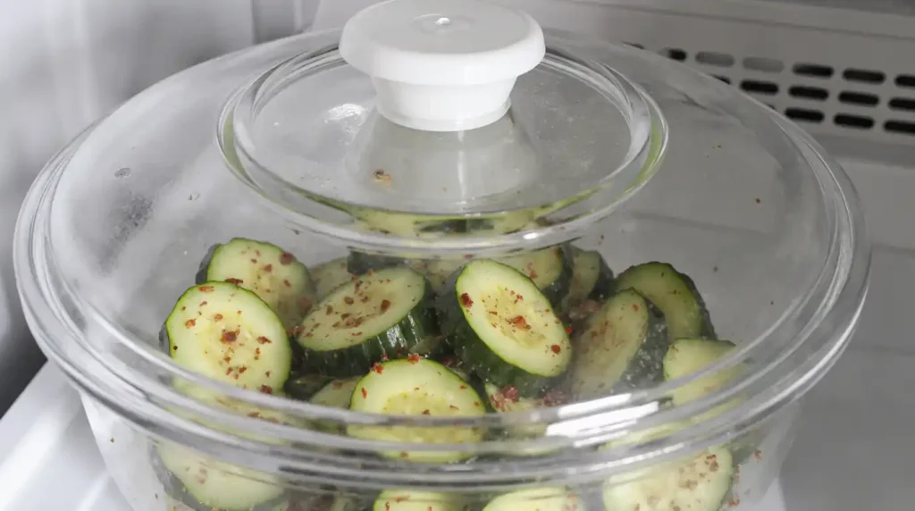 Spicy cucumber salad resting in a covered bowl in the refrigerator
