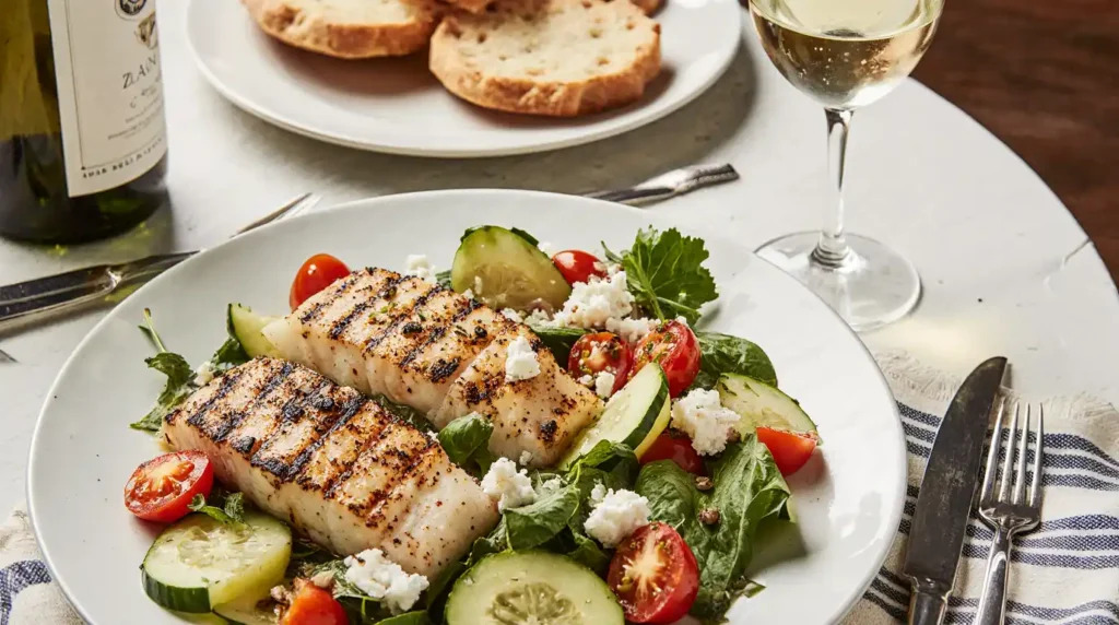 Cucumber tomato feta salad served alongside grilled fish, pita bread, and white wine on a Mediterranean-style table.