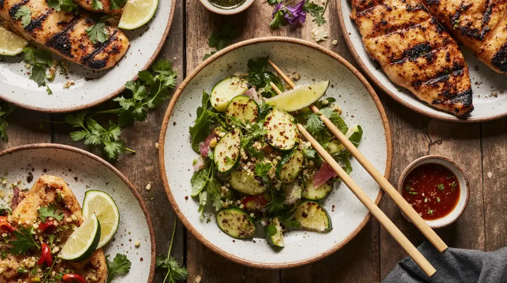 Table set with spicy cucumber salad alongside grilled meat and chopsticks