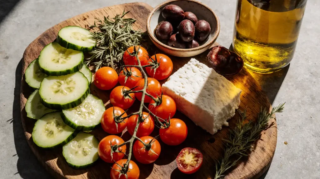 Ingredients for cucumber tomato feta salad arranged on a rustic wooden board, including feta, cucumbers, tomatoes, and oregano.