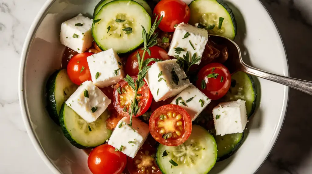 A vibrant cucumber tomato feta salad with feta cubes, cherry tomatoes, and cucumbers, sprinkled with fresh oregano.