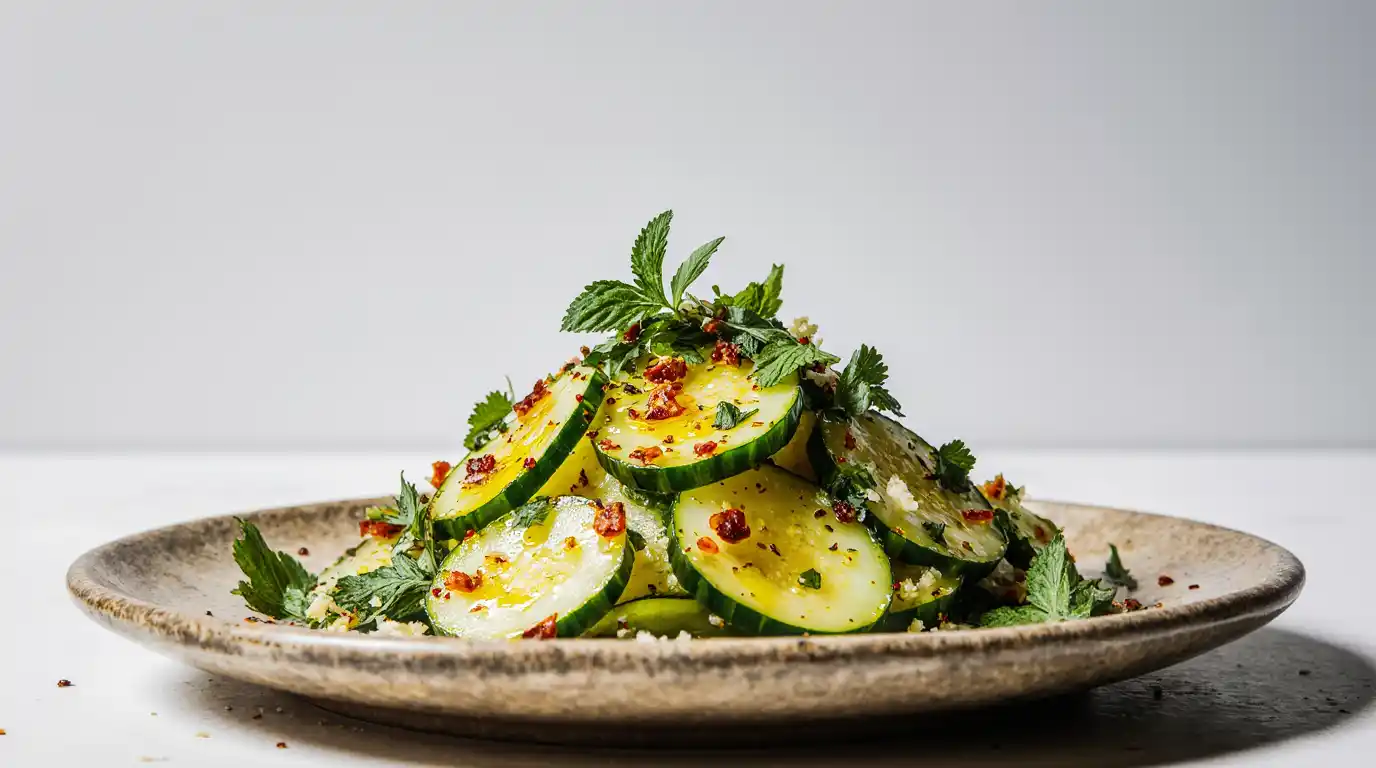 A vibrant bowl of spicy cucumber salad with chili crisp and fresh herbs