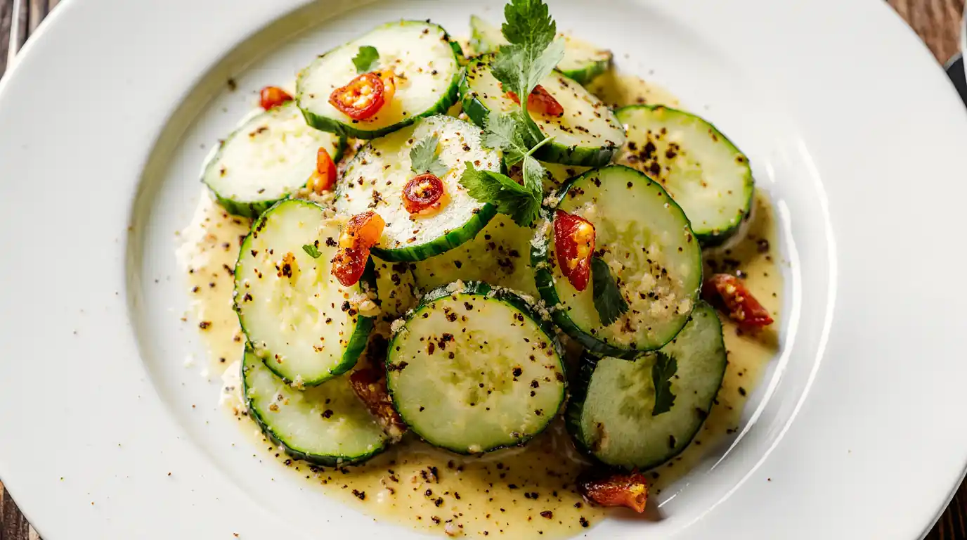 A serving of spicy cucumber salad in a ceramic bowl with sesame seeds and fresh herbs
