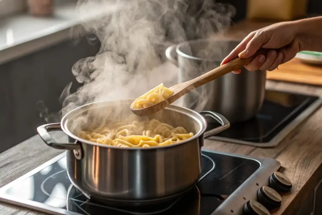 High protein pasta boiling in a large pot on the stove.