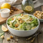 Caesar pasta salad served in a large white bowl with crisp romaine, Parmesan shavings, and crunchy croutons.