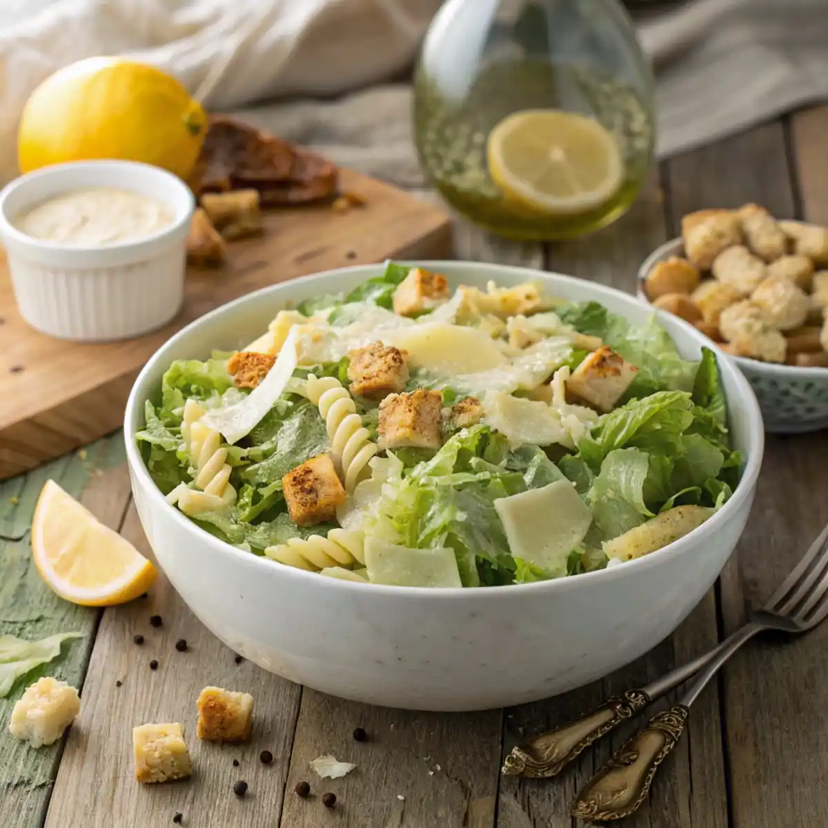 Caesar pasta salad served in a large white bowl with crisp romaine, Parmesan shavings, and crunchy croutons.