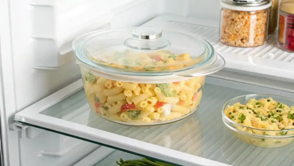 The finished macaroni salad chilling in a clear, airtight glass container inside a refrigerator to let the flavors of the recipe meld.
