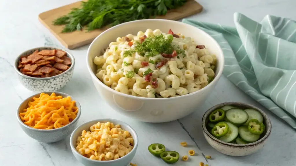 A close-up macro shot of a forkful of creamy macaroni salad, highlighting its rich texture and fresh ingredients from the recipe.