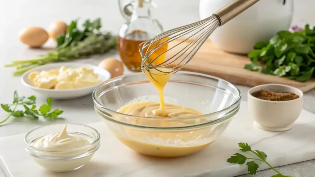 A glass bowl showing the ingredients for the macaroni salad dressing—mayonnaise and Dijon mustard—before being mixed.