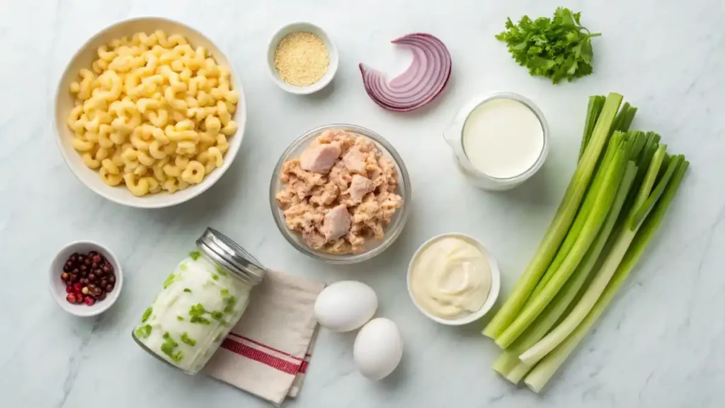 The fresh, essential ingredients for preparing an old-fashioned tuna macaroni salad, arranged flat-lay style on a marble countertop.