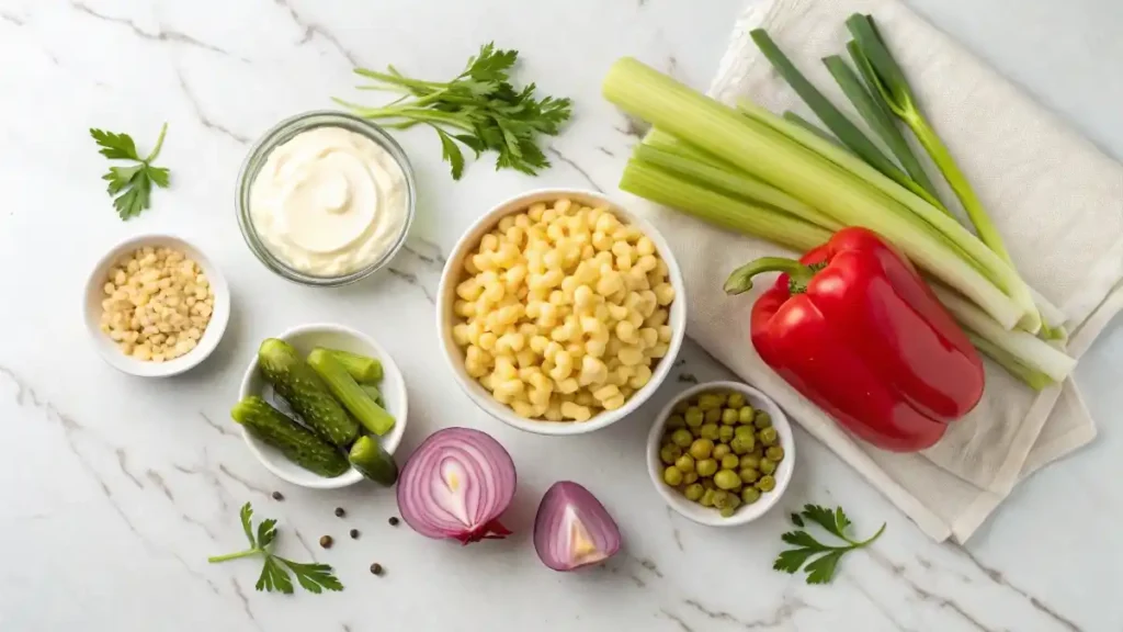 Fresh ingredients for the macaroni salad recipe, including elbow macaroni, mayonnaise, celery, and red onion, laid out on a wooden board.