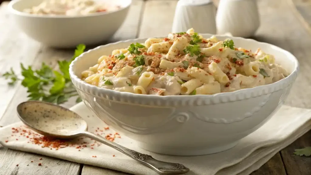 A large white ceramic bowl filled with creamy homemade tuna macaroni salad, garnished with fresh parsley and paprika for an appetizing look.