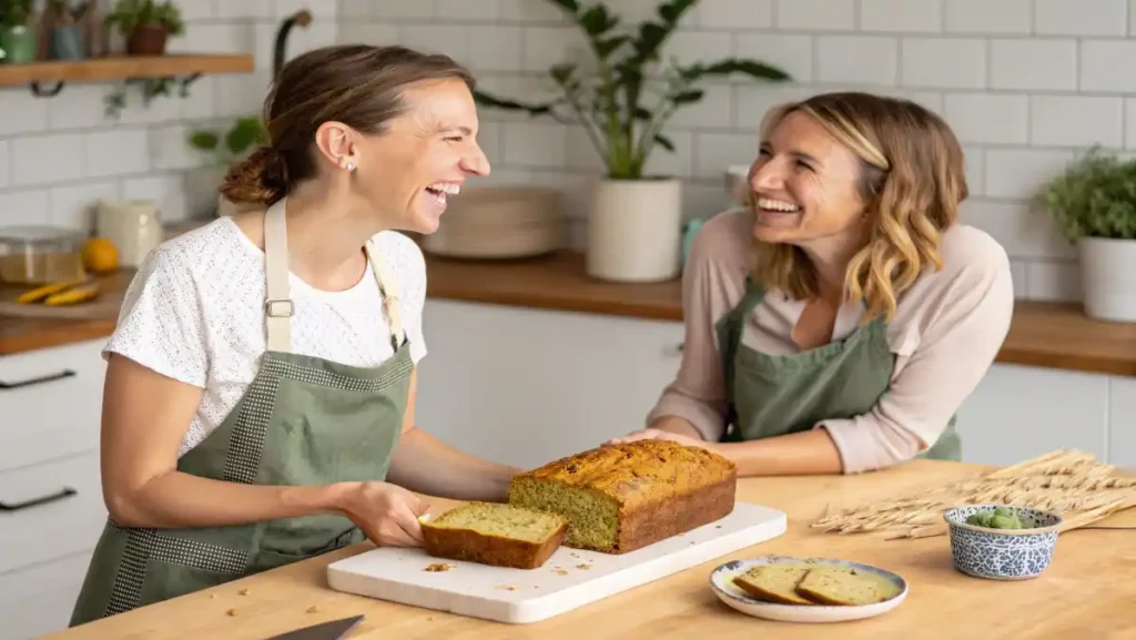 Easy Zucchini Bread - A lifestyle shot: Amber offering a slice to a friend, laughing together at a kitchen island.