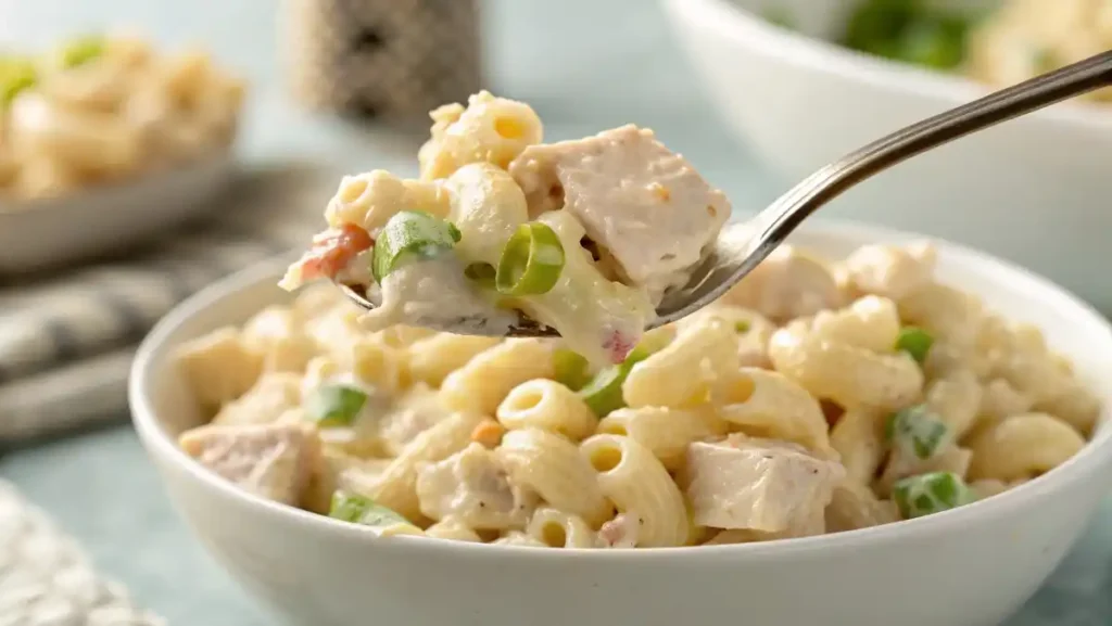 An extreme close-up shot of a spoonful of tuna macaroni salad, highlighting its perfectly creamy texture with visible flakes of tuna and crisp celery.