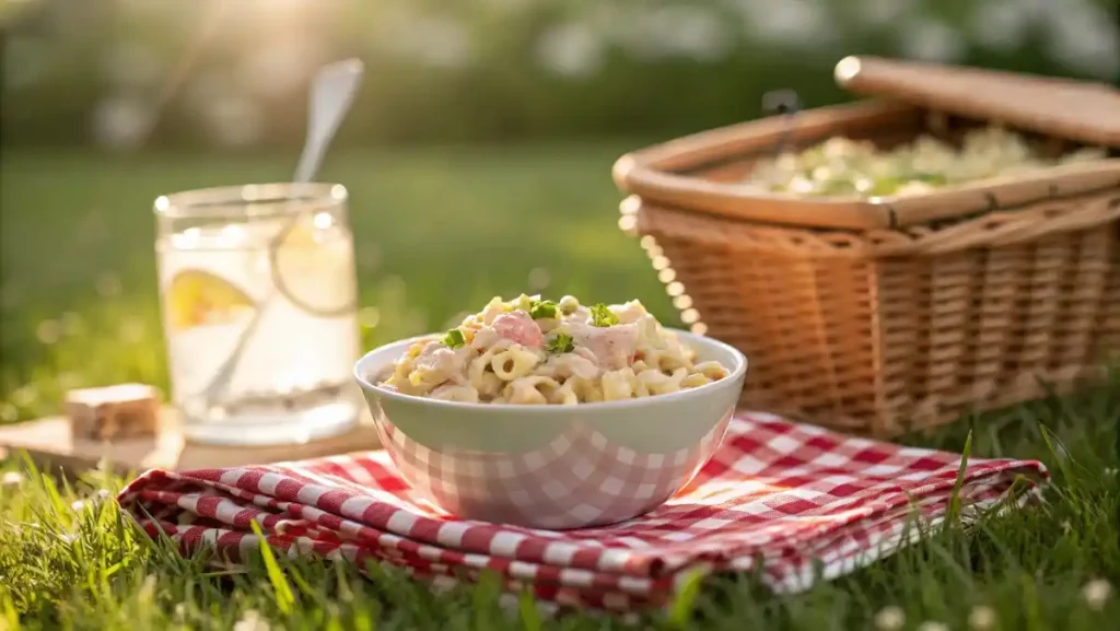 An individual serving of tuna macaroni salad in a bowl, served at a summer picnic on a red and white checkered blanket.