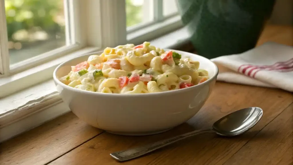 A white ceramic bowl filled with creamy classic macaroni salad made from this recipe, garnished with fresh parsley and sitting on a wooden table in natural light.