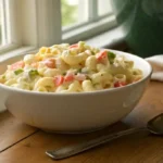 A white ceramic bowl filled with creamy classic macaroni salad made from this recipe, garnished with fresh parsley and sitting on a wooden table in natural light.