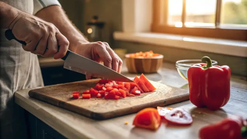 A person's hands finely dicing a fresh red bell pepper on a cutting board, a key step in this macaroni salad recipe for adding crunch.