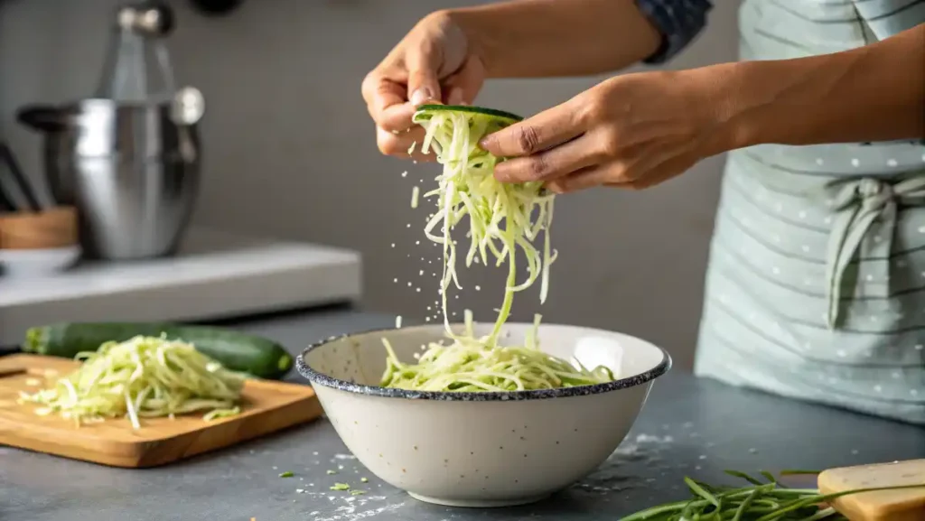 Amber squeezing shredded zucchini to prepare zucchini bread batter.