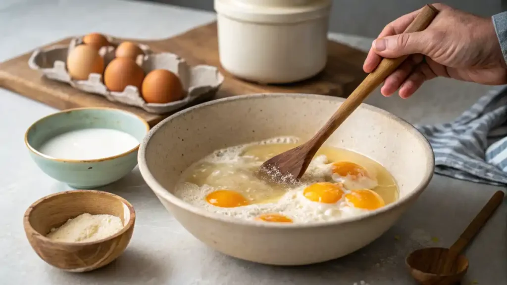 Mixing wet ingredients for quick zucchini bread batter with a wooden spoon